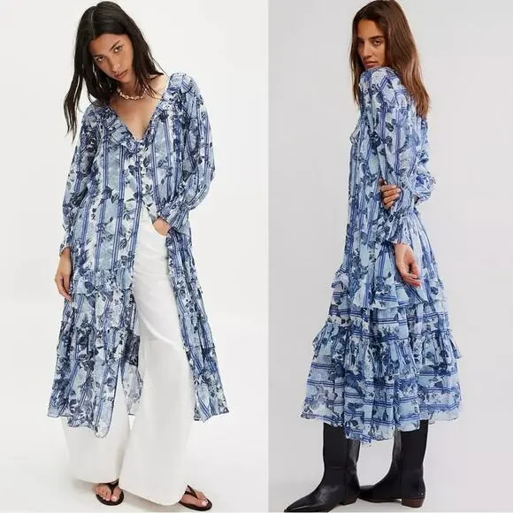 Free People Dainty Ruffle Cottage Garden Wonders Maxi Dress in Blue Combo Large - Picture 14 of 14